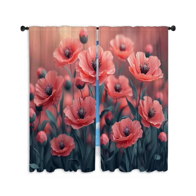 Rideaux de fenêtre fleurs de pavot Flora rose - 2 panneaux, L 40 po x L 63 po