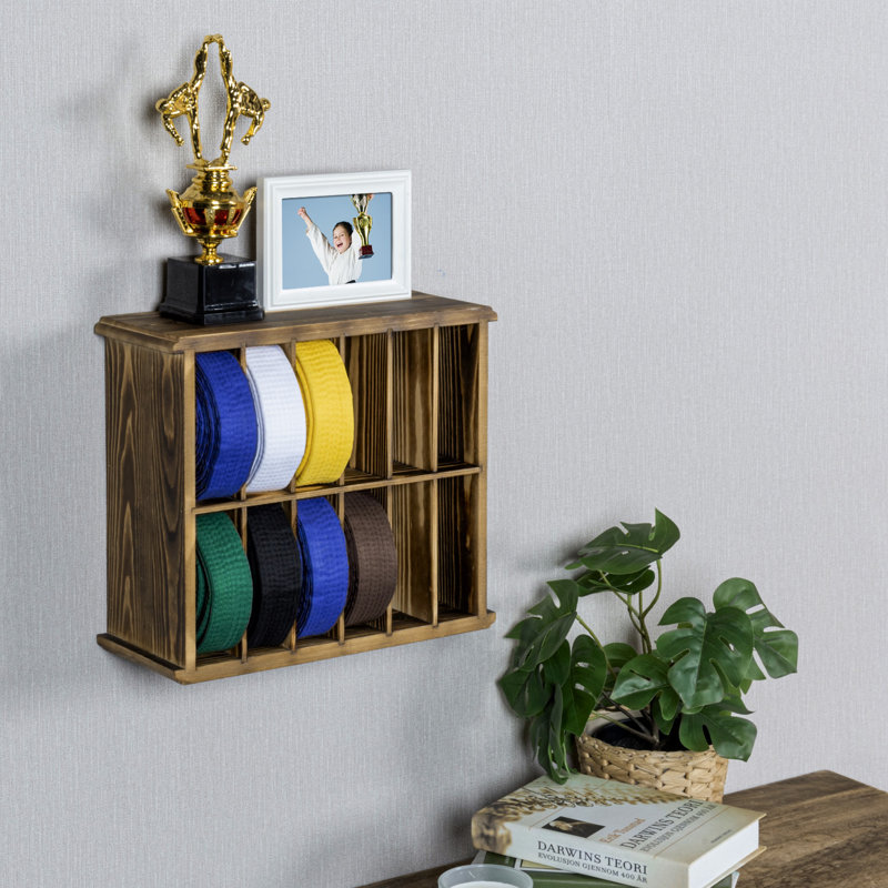 12-Slot Solid Wood Trophy Display Shelf Belt Holder