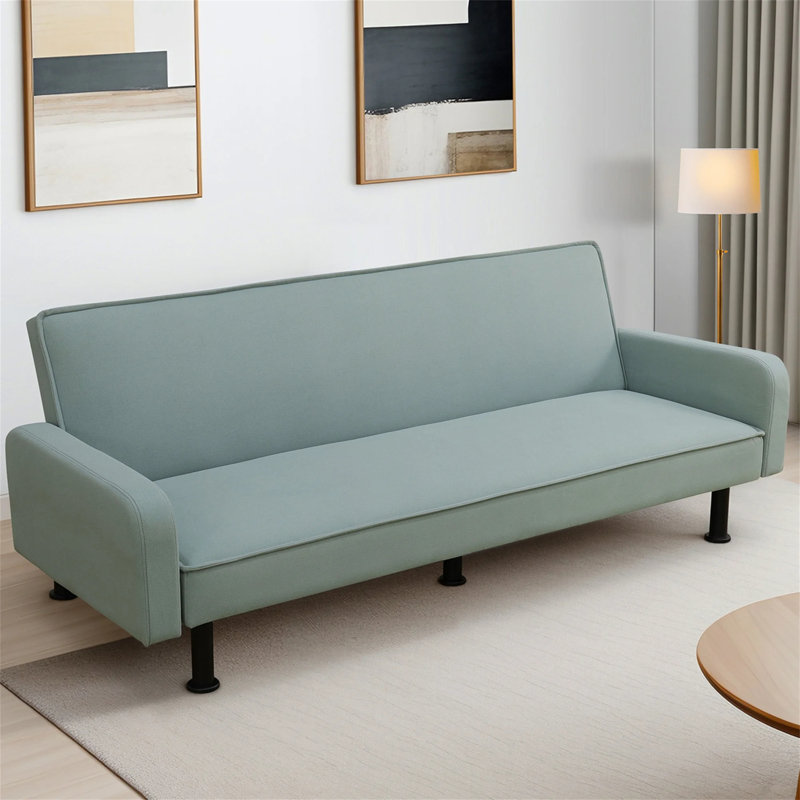 77.5" Square Arm Futon Sofa Bed Upholstered 3 Seat Couch For Home Office, Flannel, Light Green, Light Green Suede