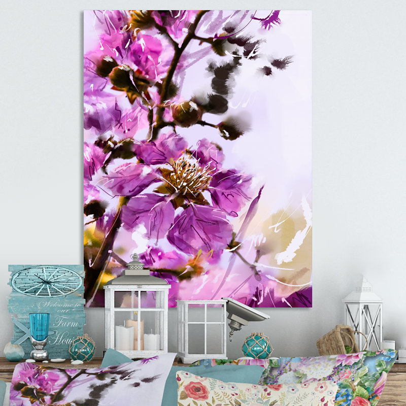 Fleurs mauves II - Peinture, H 32 po x l 16 po x P 1 po, Toile tendue