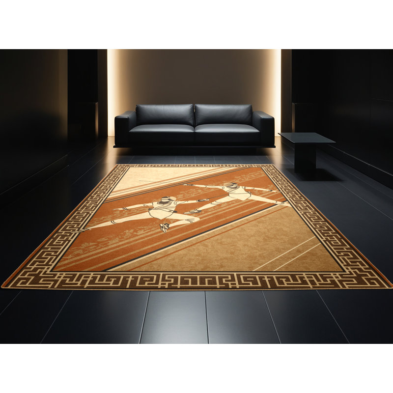 Machine Washable Marvale Fencing Match Classic Oriental Rug in Brown – LightBrown Binding, 5x8