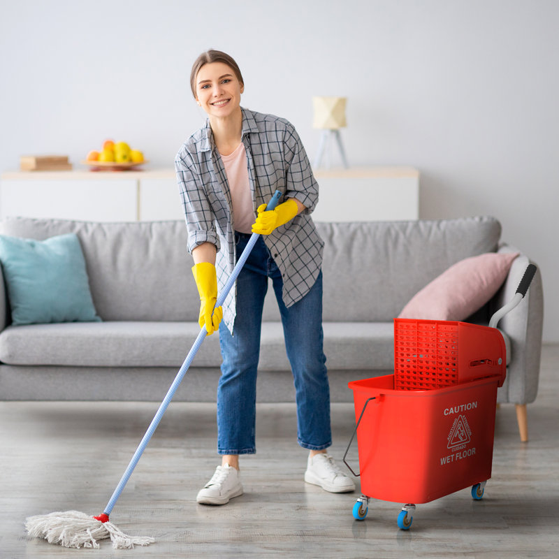 Mop Bucket With Wringer On Wheels For Floor Cleaning, 21 Quart, Separate Dirty And Clean Water, Red