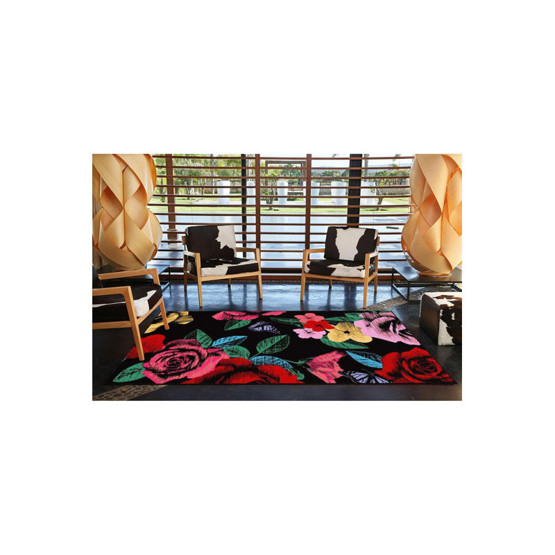 Tapis noir lavable à motif floral, Sous-tapis carré 3 pi 3 po inclus