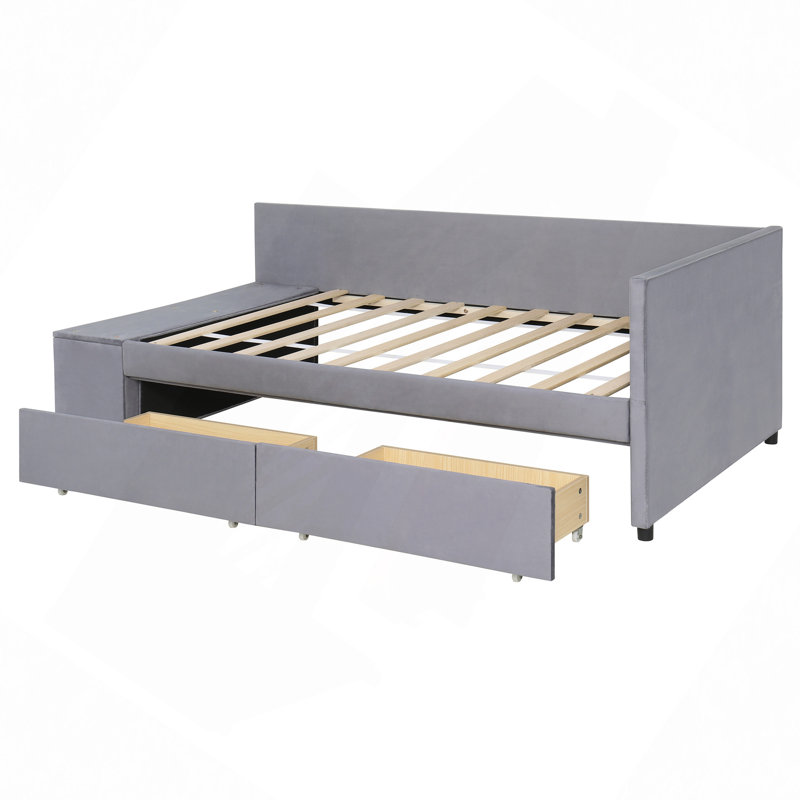 Lit plateforme simple tapissier en forme de L avec rangement et tiroirs