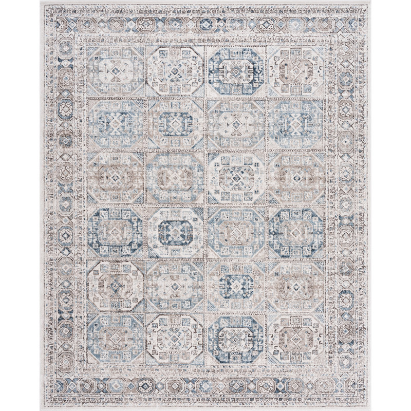 Tapis oriental en polypropylène et polyester Saxton, beige | Bleu, Rectangle 5 pi 3 po x 7 pi 3 po