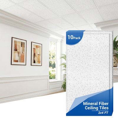 Lot de 10 dalles de plafond acoustiques en fibre minérale 2x4 pi (61x122 cm), résistantes à l'humidité et ignifugées, idéales pour les sous-sols, les cinémas maison et les espaces commerciaux. Couverture : 80 pi² (7,4 m²).