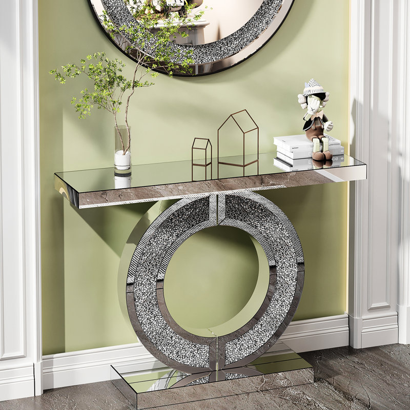 Miroir en forme de O, table de couloir en cristal, conception moderne pour la maison, verre miroir, cadre à double base, surface plane lisse, manuel d'assemblage avec guide étape par étape et étiqueté, profondeur de 43,4 po, largeur de 11,82 po,