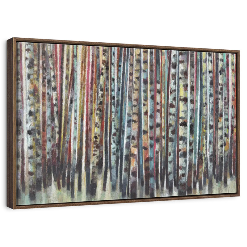 Forêt de bouleaux peinte, 13 po x 9 po, Cadre flottant noyer