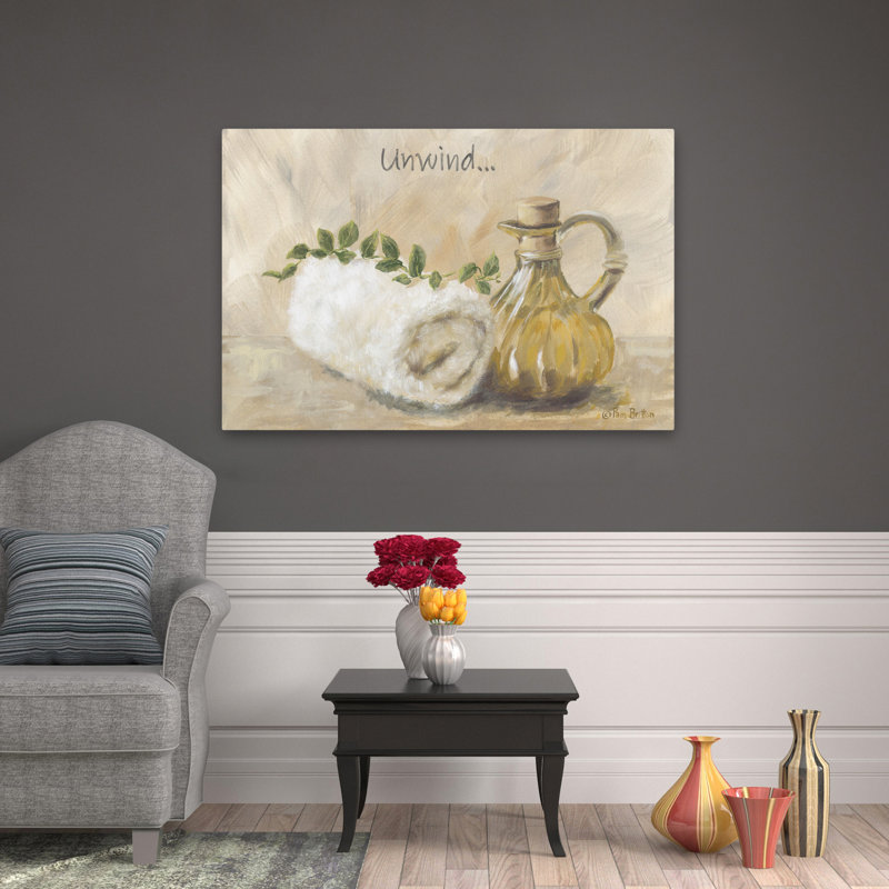 «Unwind In The Bath» - Art contemporain sur le thème de la serviette pour bouteille d'huile de spa et de la verdure