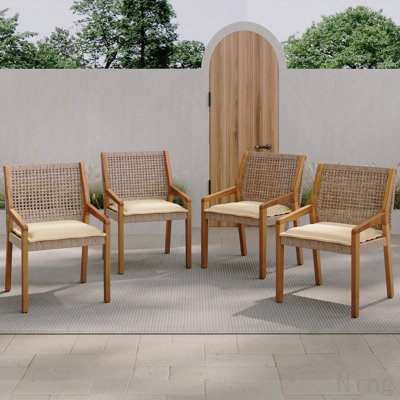 Outdoor Dining Chair Set-Acacia Wood And Wicker With Cream Cushion Patio Furniture-Teak Finish & Wicke Brown ,Suitable For Large Gatherings-Set Of 4