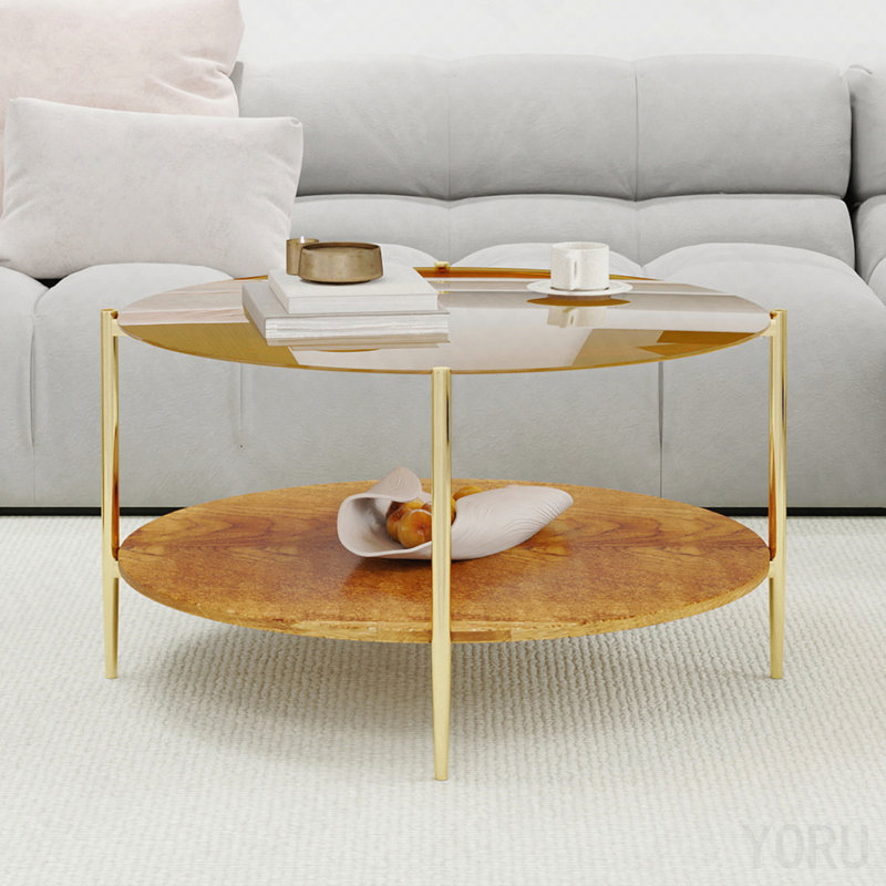 Modern Gold Round Double-Layer Coffee Table - Tempered Glass, 32.28 Inch Diameter