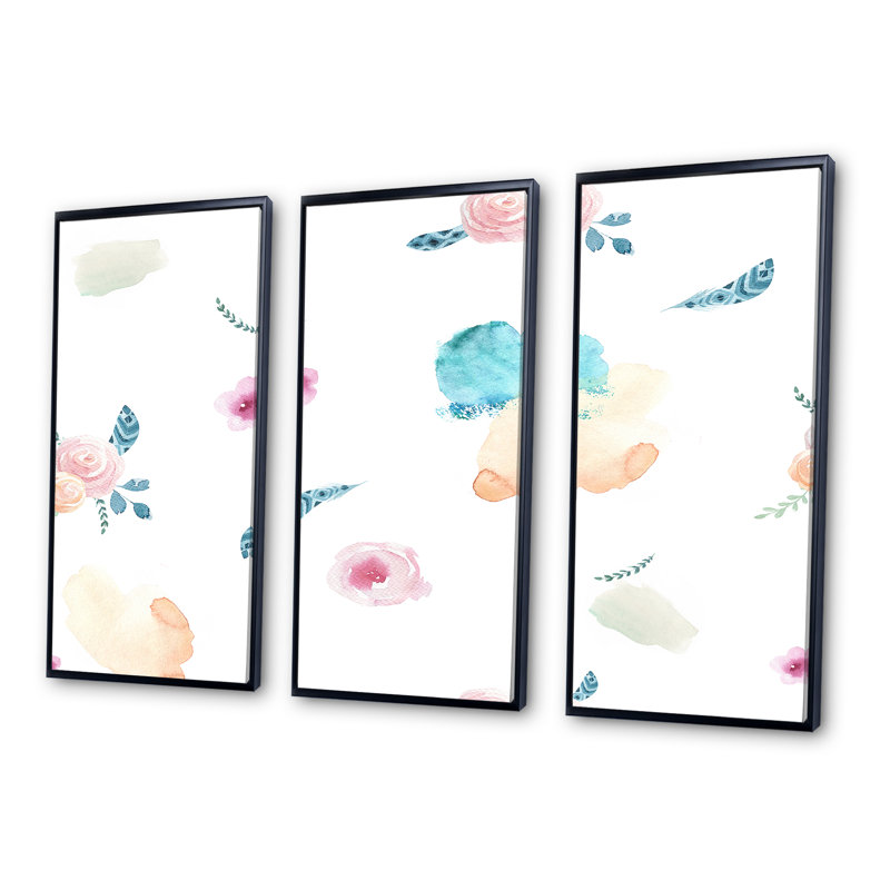 Fleurs abstraites roses et bleues - ensemble d'art mural sur toile traditionnel encadré de 3, H 28 po x l 36 po x P 1 po