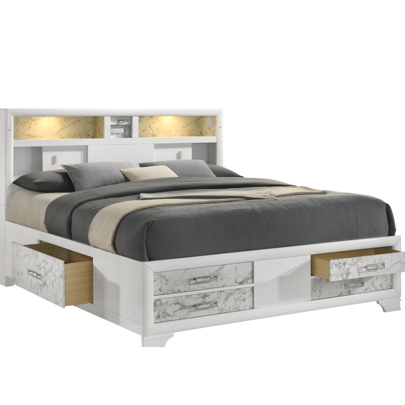 Élégant lit double contemporain avec cadre en bois blanc, éclairage de tête de lit, tiroirs de rangement et option de style moderne, construction, éclairage encastré en marbre