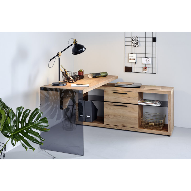 Watlington L-Shaped Writing Desk, Natural/Grey Glass