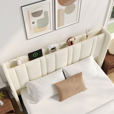 Tête de lit tapissier pour grand lit en lin avec rangement, station de charge et lumière DEL