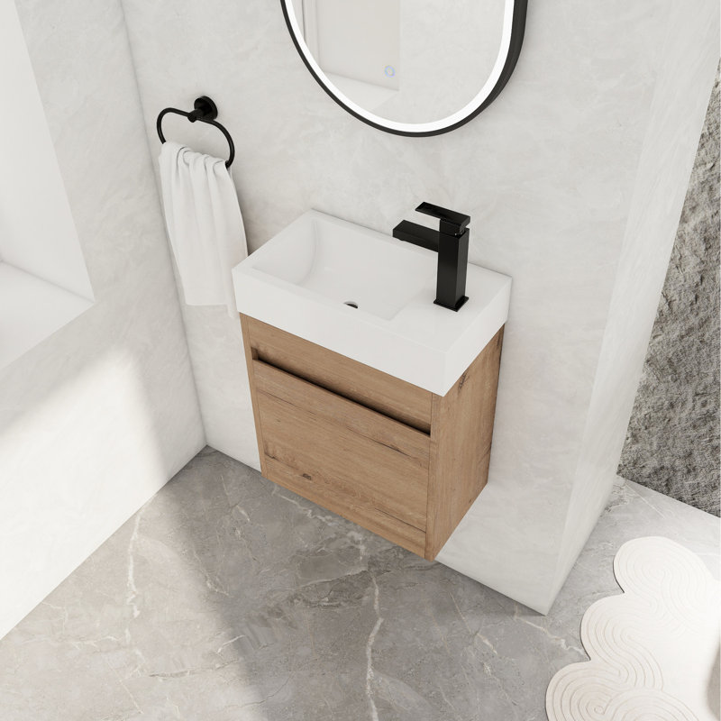 Meuble-lavabo flottant 18 po avec lavabo en résine et porte à fermeture en douceur, concepts modernes, grand rangement, lavabo mural imitation chêne 18 po