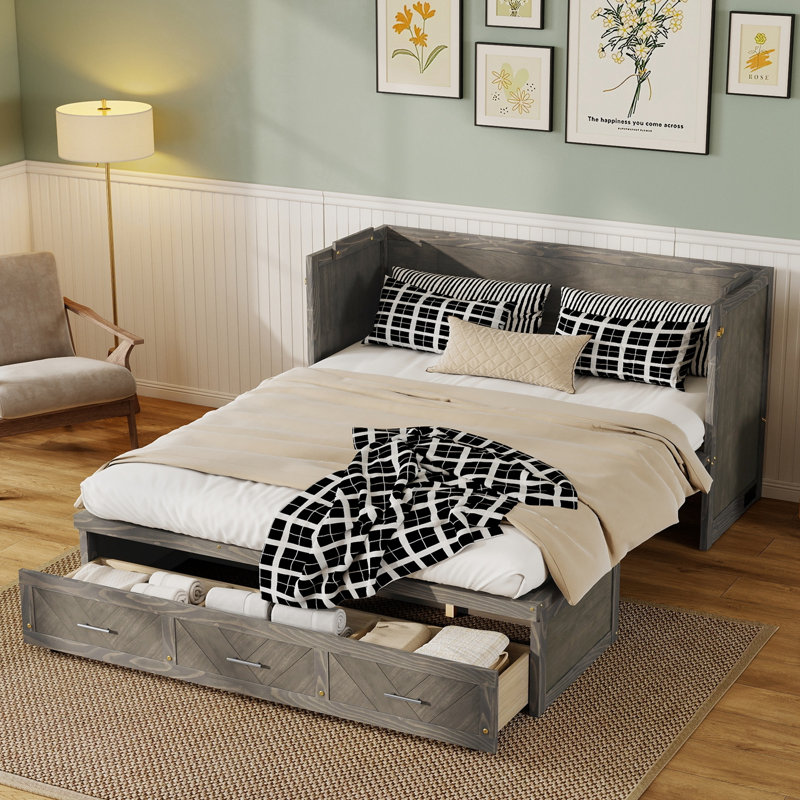 Grand lit escamotable avec station de charge USB intégrée et tiroirs, Gris ancien