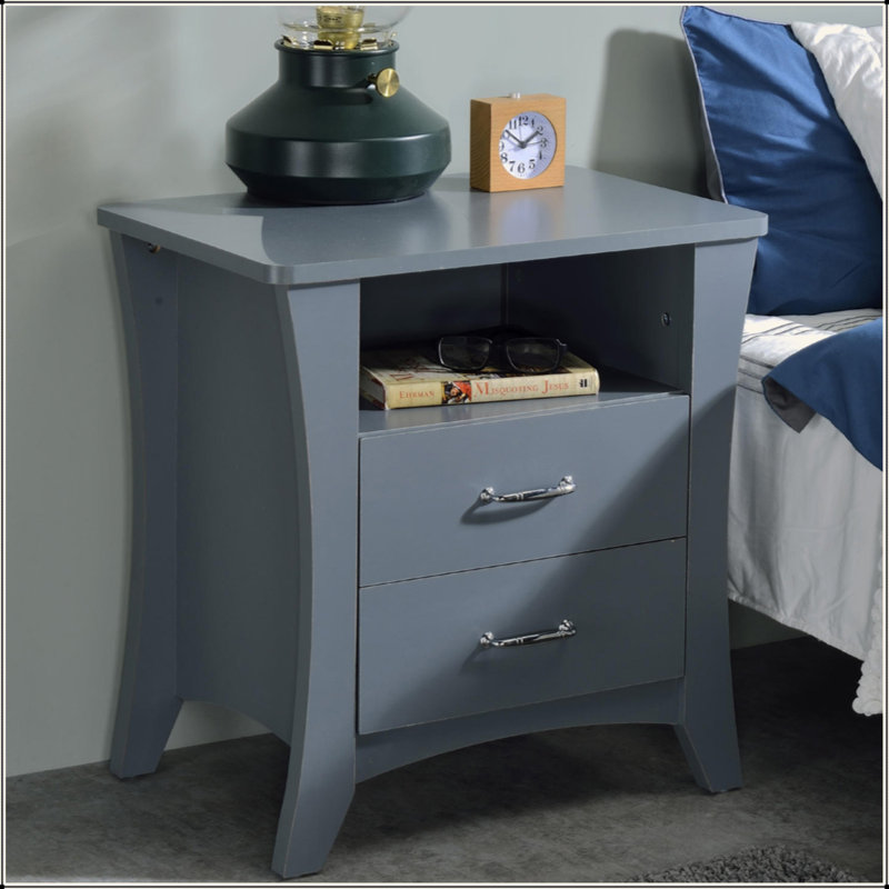 Table de chevet avec compartiment supérieur ouvert et 2 tiroirs, gris