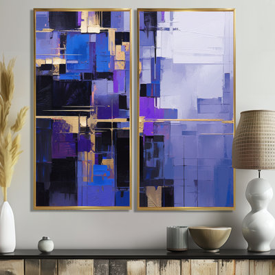 Contemporain noir, bleu, mauve abstrait - peinture abstraite surdimensionnée, art mural