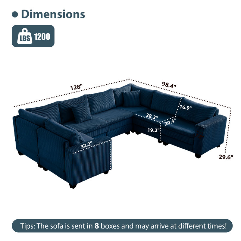 Canapé modulaire en U rembourré de 128 po à 7 places en velours côtelé, Velours côtelé bleu