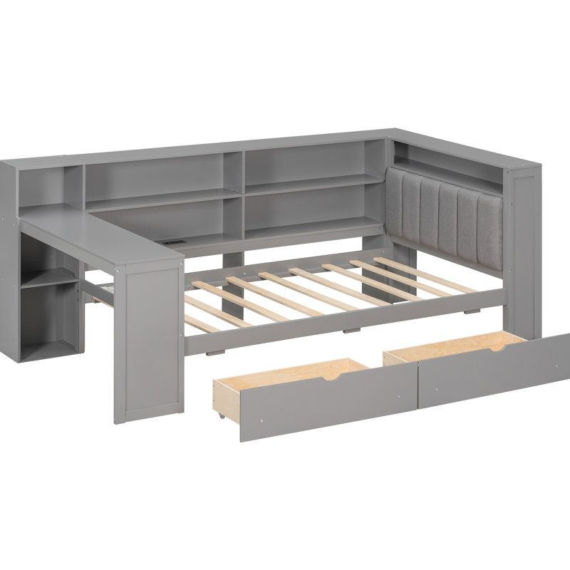 Twin Wood Bed With Platform, Storage Shelves, Drawers, Charging, Led Ambiance, Upholstered Headboard And End Table, Grey Tint Mix Platform Made From Wood, Headboard, Multiple Storage, Built - In