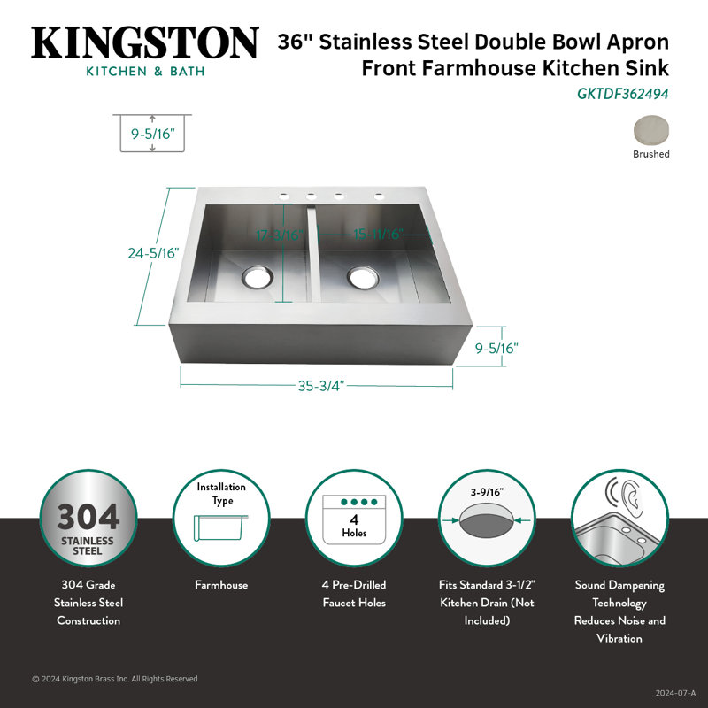 Kingston Brass Edinburg 36-Inch Stainless Steel Apron-Front Double Bowl Farmhouse Kitchen Sink, 4 hole