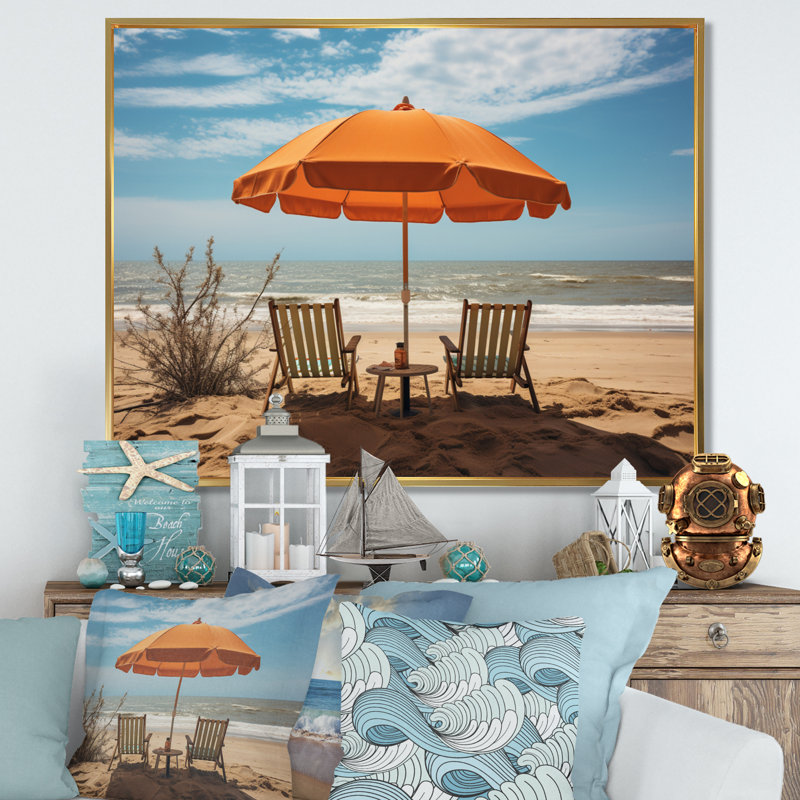 «Aliyaah Orange Beach Chairs III», reproduction sur toile, H 12 po x l 20 po x P 1 po, Cadre flottant doré