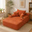 Chaise longue convertible en velours côtelé orange | Canapé-lit moelleux sans dossier avec grands accoudoirs | Porte-gobelet et coussins décoratifs inclus | Aucun assemblage requis pour le salon ou la chambre