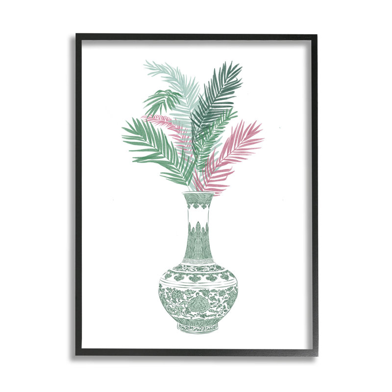 Vase à motif botanique orné par estampe numérique par Ziwei Li, H 14 po x l 11 po x P 1,5 po, Giclée encadrée noir minuit