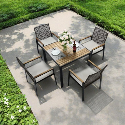 5-Piece Patio Dining Table Set with Umbrella Hole, Acacia Wood & Rattan