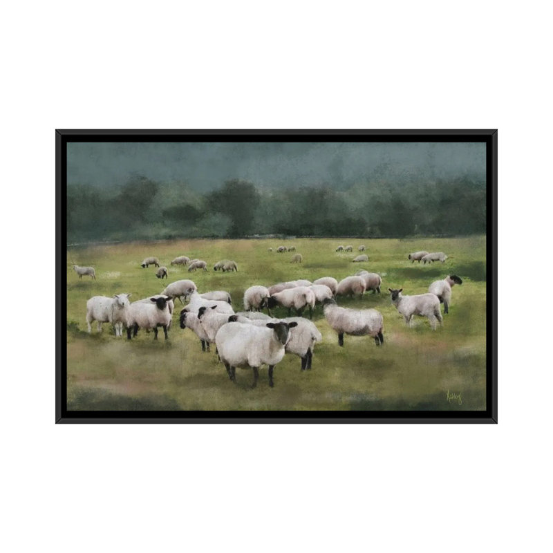 Moody Sheepscape, 26" H x 40" W x 1.5" D, Black Floater Framed Canvas, No Mat