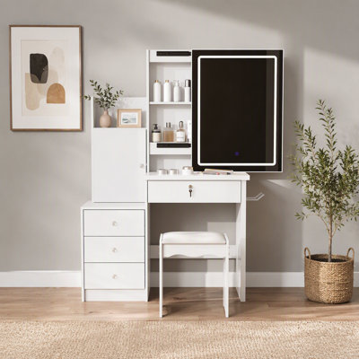 Ensemble de coiffeuse avec miroir coulissant à éclairage DEL, table de maquillage avec station de recharge, 4 tiroirs et 9 espaces de rangement, compartiments cachés et tabouret rembourré pour chambre à coucher