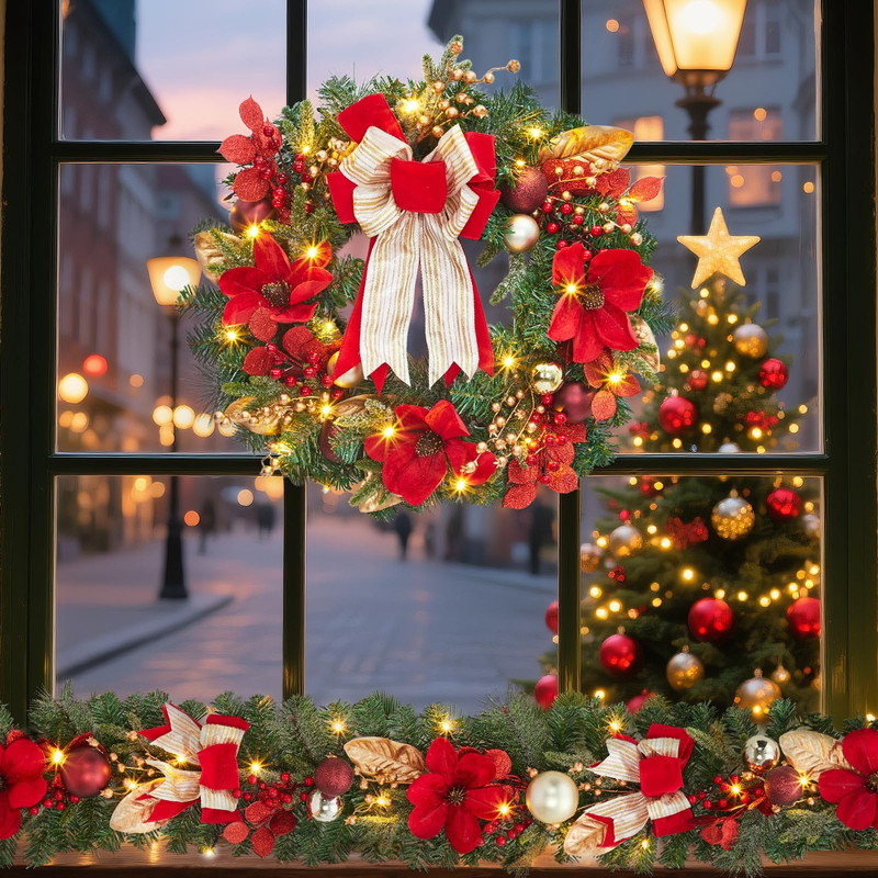 Couronne de Noël illuminée de 61 cm (24 po) avec magnolia et pin, 20 lumières DEL, 8 modes, fonctionne sur piles, intérieur et extérieur