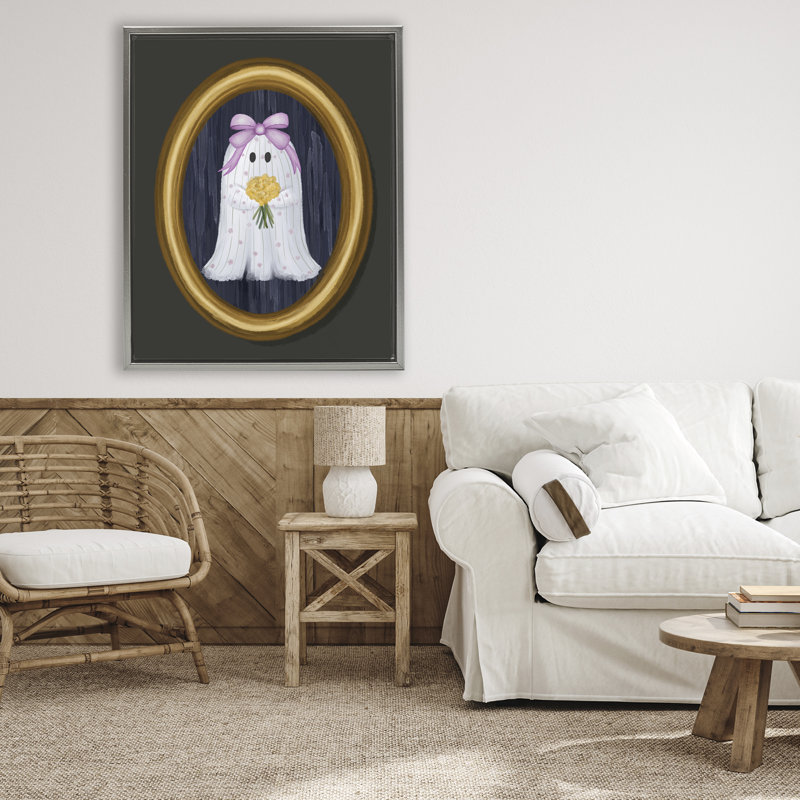 Cadre flottant avec une fille fantôme et des fleurs, design par Jennifer Stith, H 31 po x l 25 po, Cadre flottant gris lustré