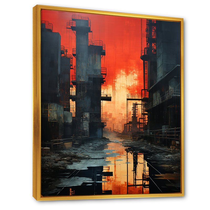 Échos de l'usine cramoisie sur toile, Cadre flottant doré, H 40 po x l 30 po x P 1,5 po