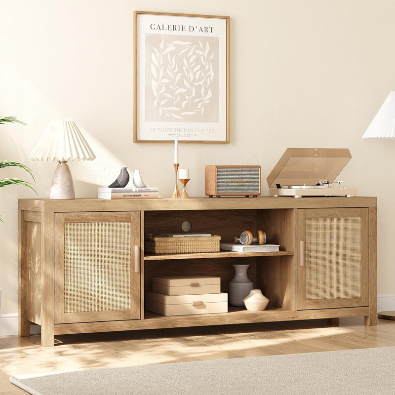 TV Stand for 65 Inch TV with Rattan Doors, Natural Wood