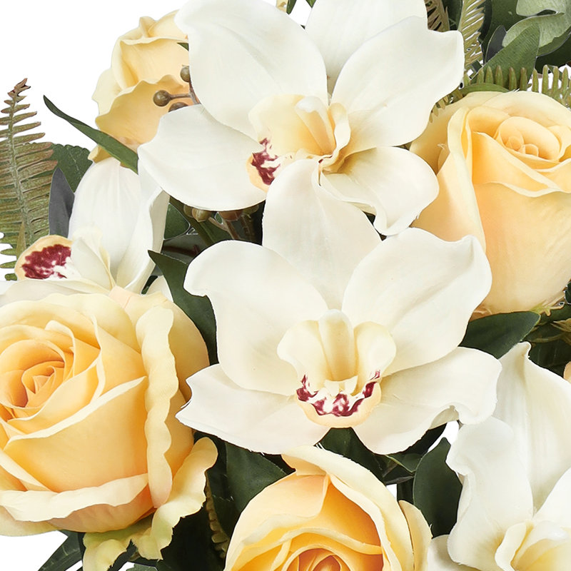 Bouquet de tiges de fleurs artificielles et orchidées roses, Ivoire / champagne