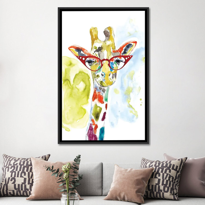 «Smarty-Pants Giraffe», reproduction sur toile, H 26 po x l 18 po x P 1,5 po, Toile avec cadre noir, Pas de tapis