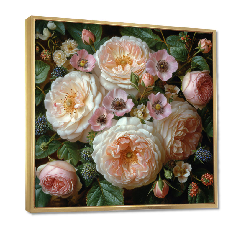 Blooming, rose, blanc, chrysanthèmes, Toile avec cadre flottant or, H 36 po x l 36 po x P 1,5 po