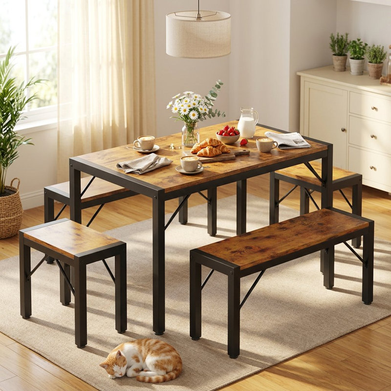 Ensemble de salle à manger pour 6 personnes Pendry, table de salle à manger avec 2 bancs longs et 2 bancs courts, Brun