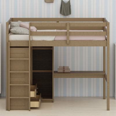 Lit mezzanine peu encombrant avec garde-robe intégrée, bureau, tablettes et tiroirs