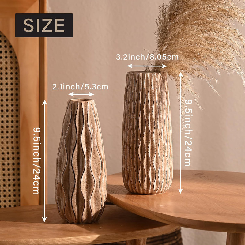 Ensemble de 2 vases décoratifs rustiques en céramique 9,5 pouces, Beige