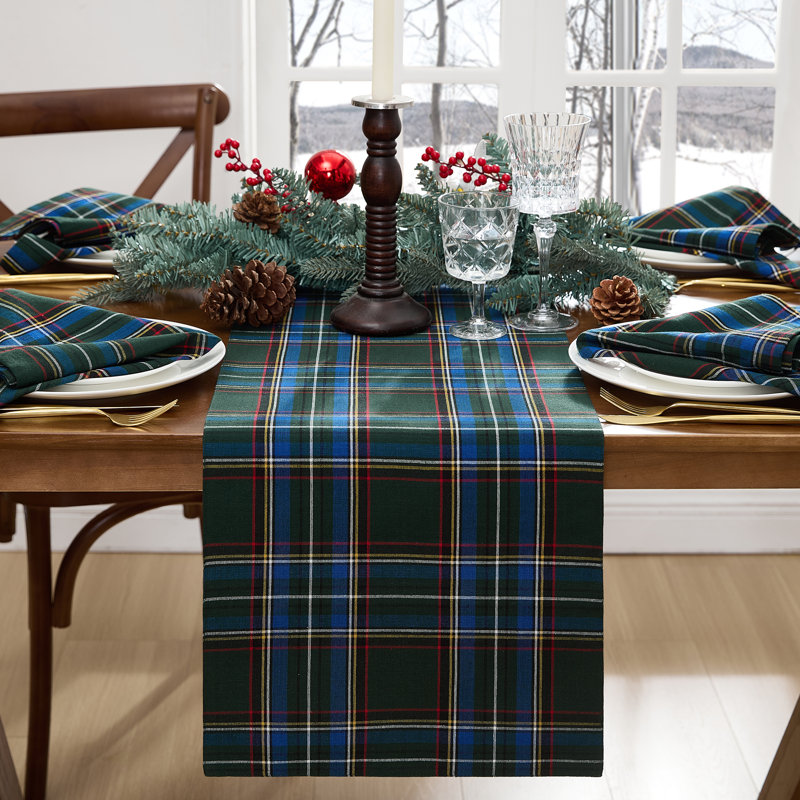 Kayleigha Holiday Plaid Christmas/Winter Cotton Table Runner, Green, 90" L x 13" D