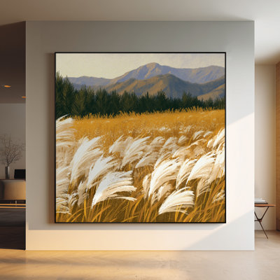 Très grande reproduction d'art sur toile - paysage de pelouse dorée avec fond de montagne et décor de décor naturel pour le salon ou la chambre à coucher "Assemblage requis (cadre non fini)"