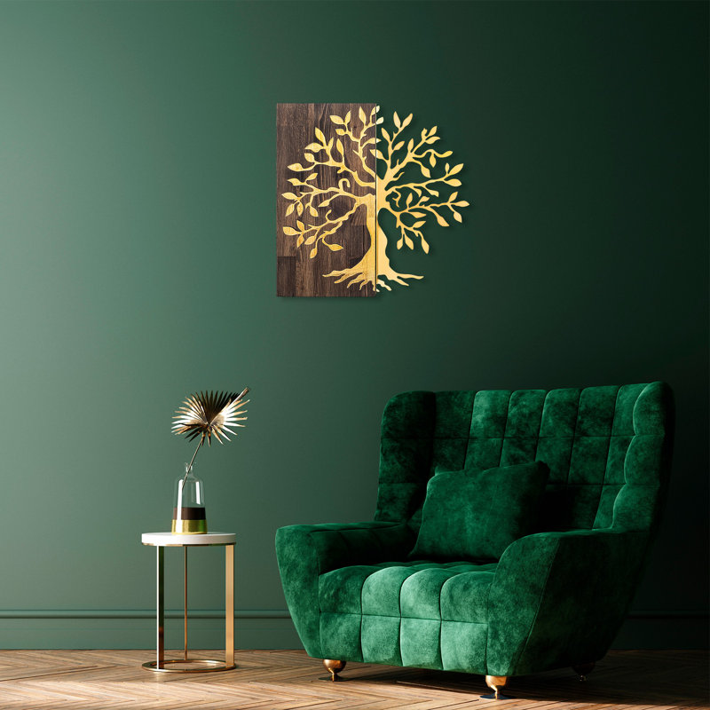 Elegant Decorative Wooden Wall Accessory, Walnut & Gold, 22.8 x 22.8 inches | 50% Real Wood (Thickness: 1.2 inches) & 50% Metal (Thickness: 0.06 inches) | Versatile Wall Décor, Unique Color Variations, Easy Installation