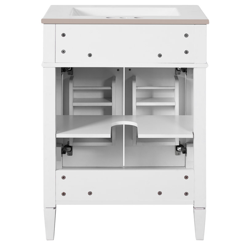 Meuble-lavabo 24 po, 2 portes, tiroir coulissant, glissières coulissantes et meuble-lavabo en céramique 24 po avec finition blanche, deux portes, solutions de rangement pour espaces