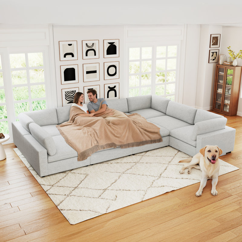 Nuccio 9-Piece Minimalist Modern Soft-Upholstered Sectional With Ottoman, Cream Chenille