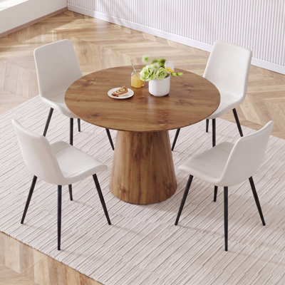 Mid-Century Modern Round Pedestal Dining Set with Upholstered Chairs