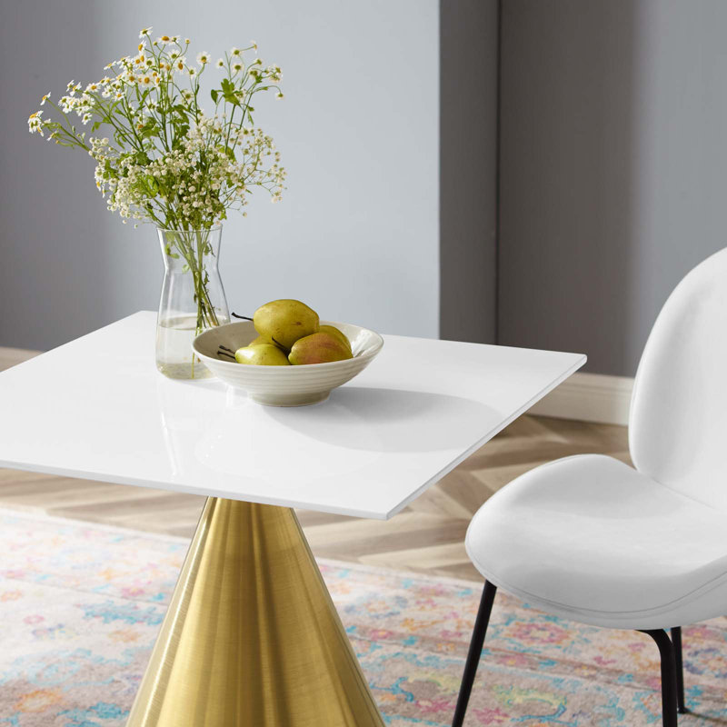 Gold and White Square Dining Table with Conical Base