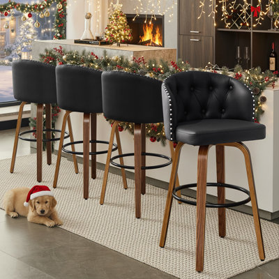 Swivel Stool With Curved Wood Legs, Upholstered Tufted Back, And Nailhead Trim